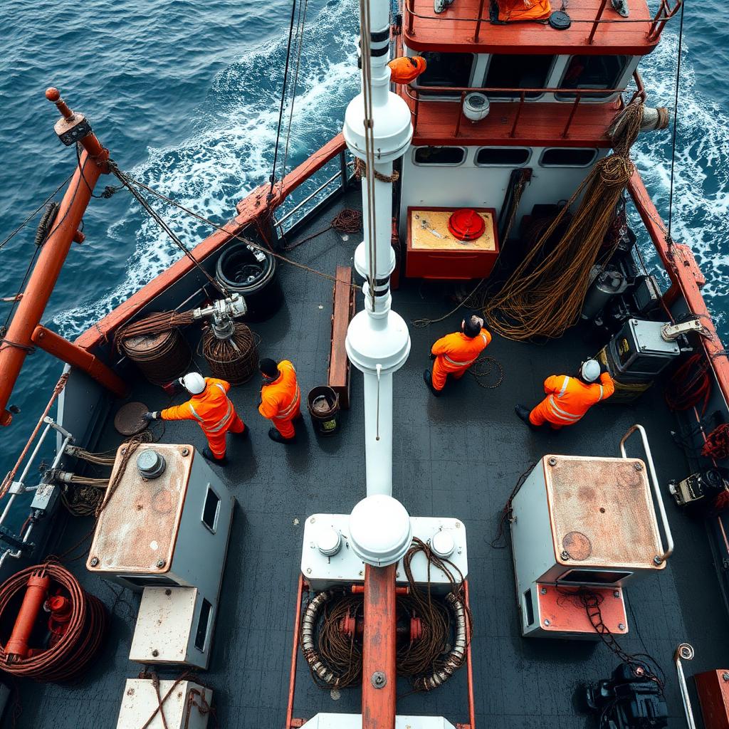 Representative image of a commercial fishing deck with overhead cameras monitoring crew in high-visibility gear.