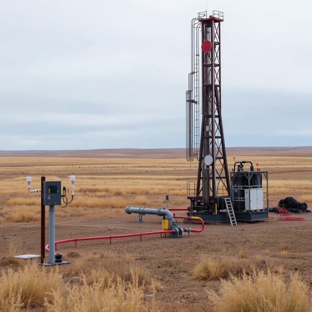 Representative image of a remote industrial site with methane monitoring equipment on the prairie.