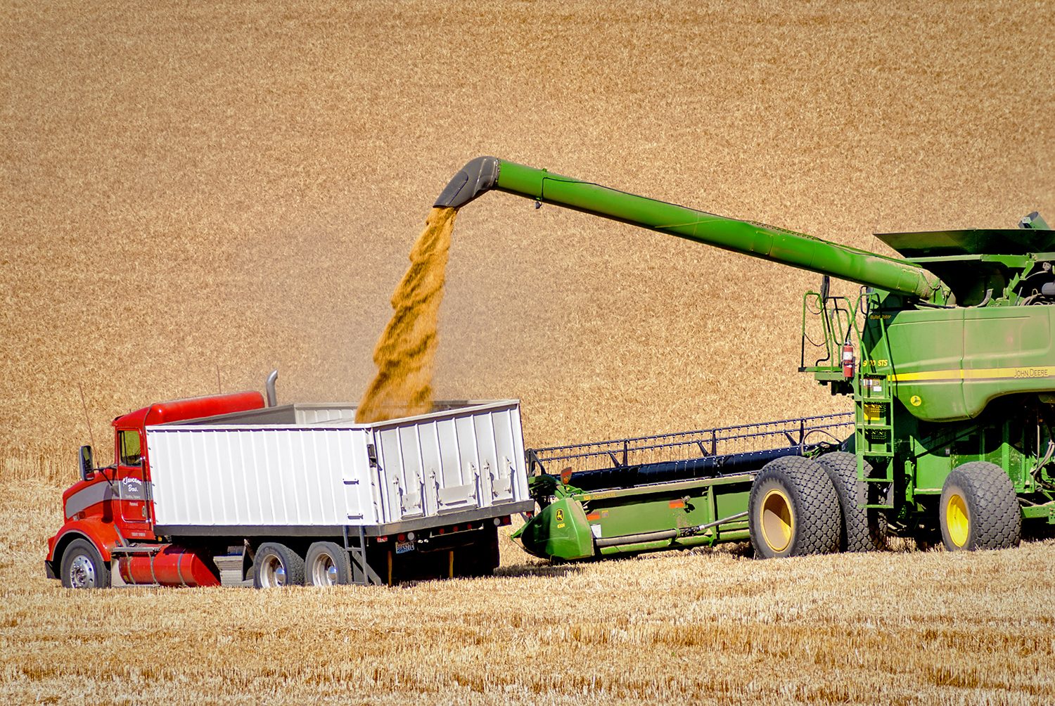Combine unloading grain during a wheat harvest near Steptoe, Eastern Washington (illustrative broadacre agriculture)