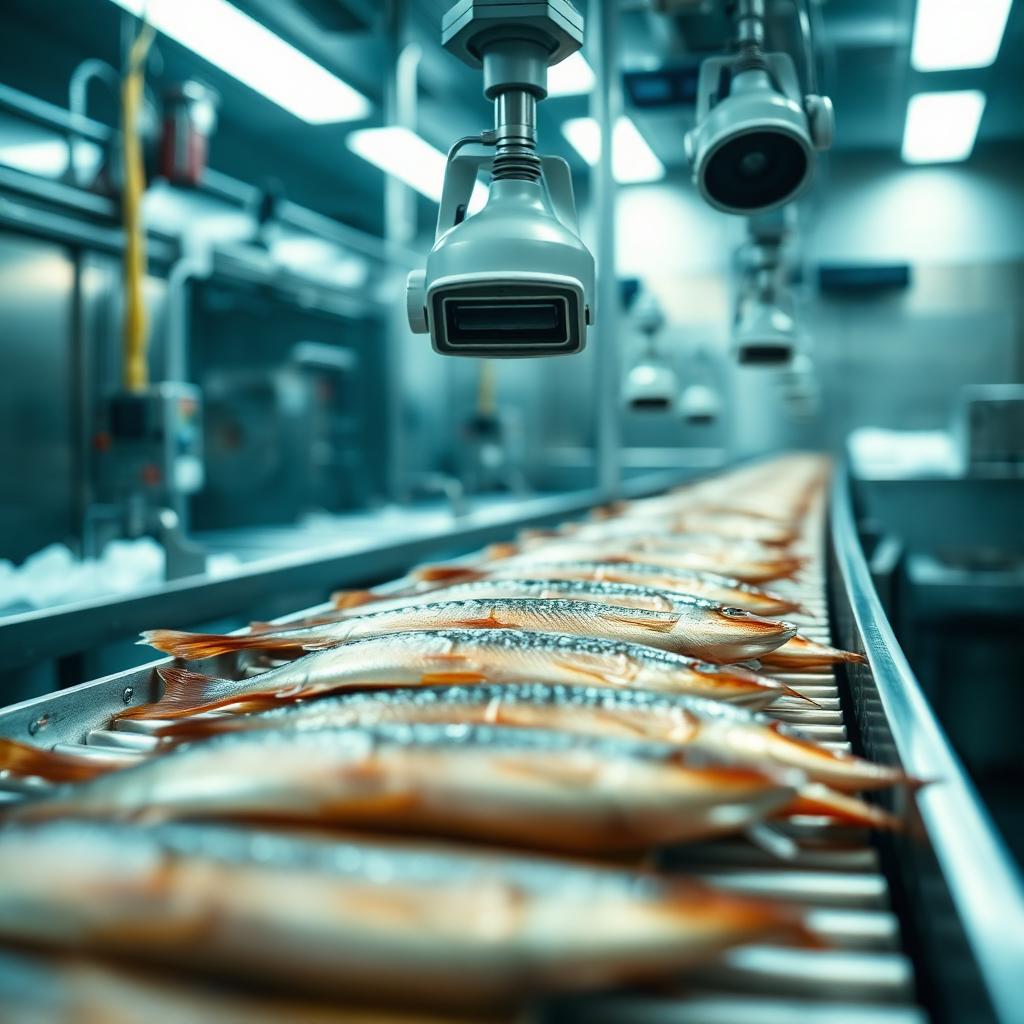 Representative image of a seafood processing conveyor with overhead inspection cameras.