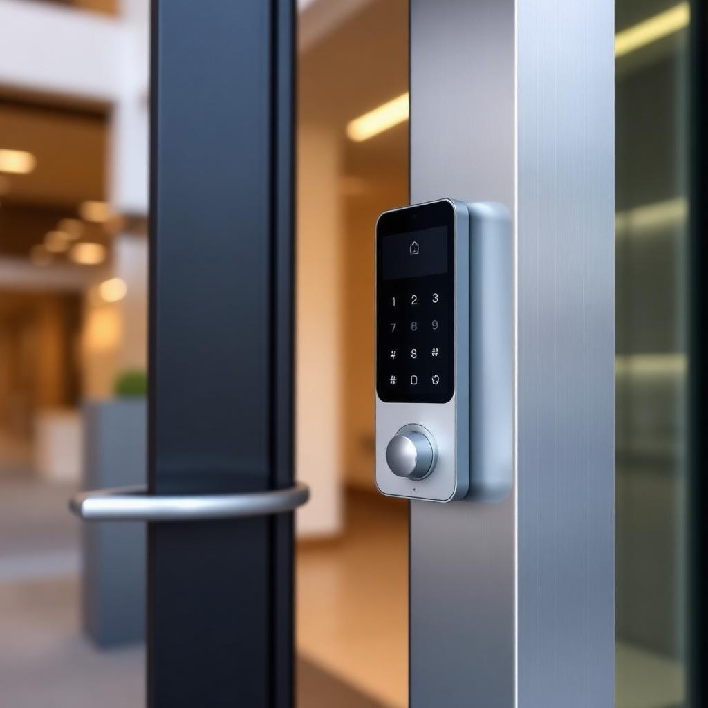 Representative image of a modern smart-entry door panel with keypad and sensors.